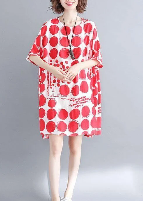 Organic red plaid cotton linen clothes For Women batwing sleeve oversized summer Dresses