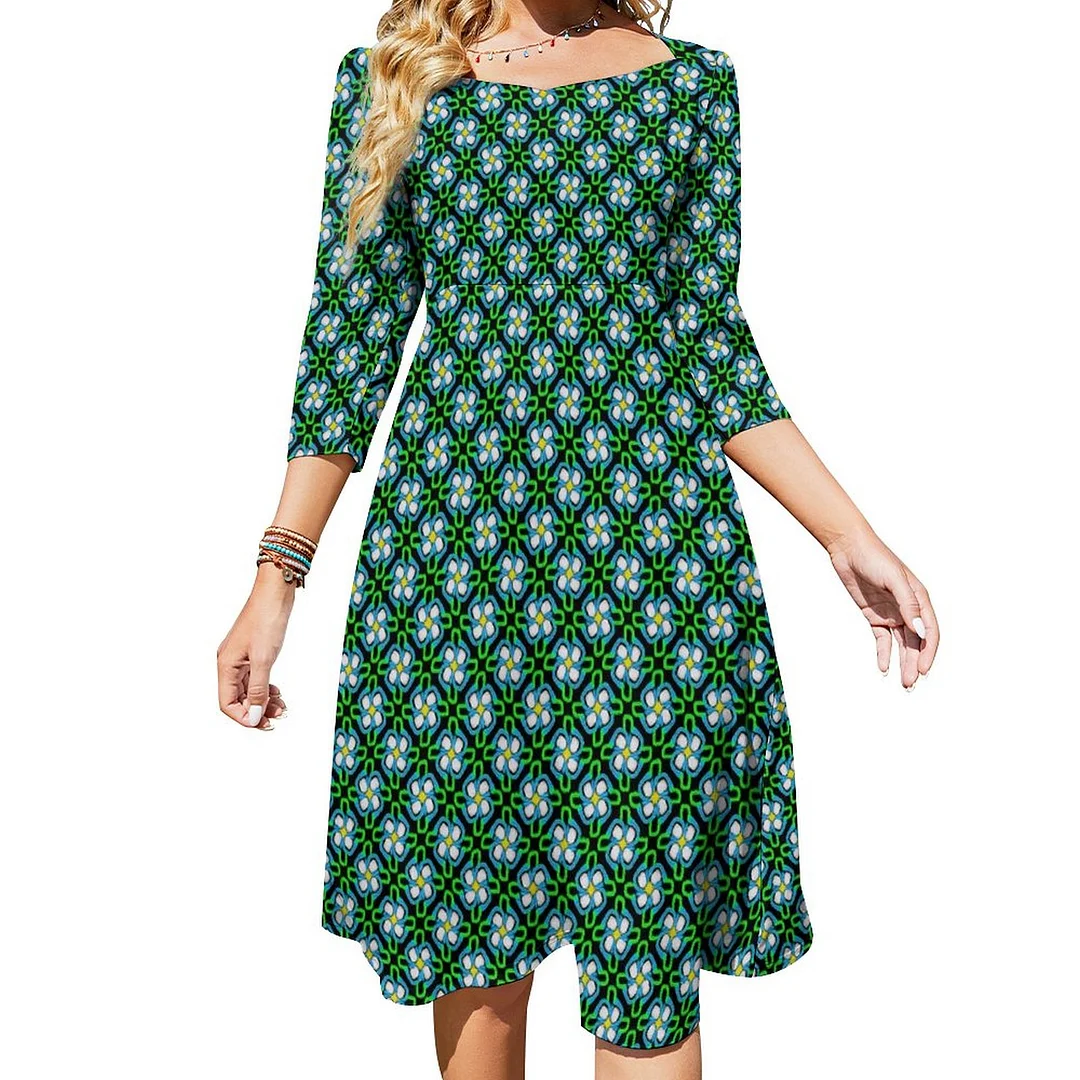 Green And White Ornamental Flower Floral Pattern Dress Sweetheart Tie Back Flared 3/4 Sleeve Midi Dresses