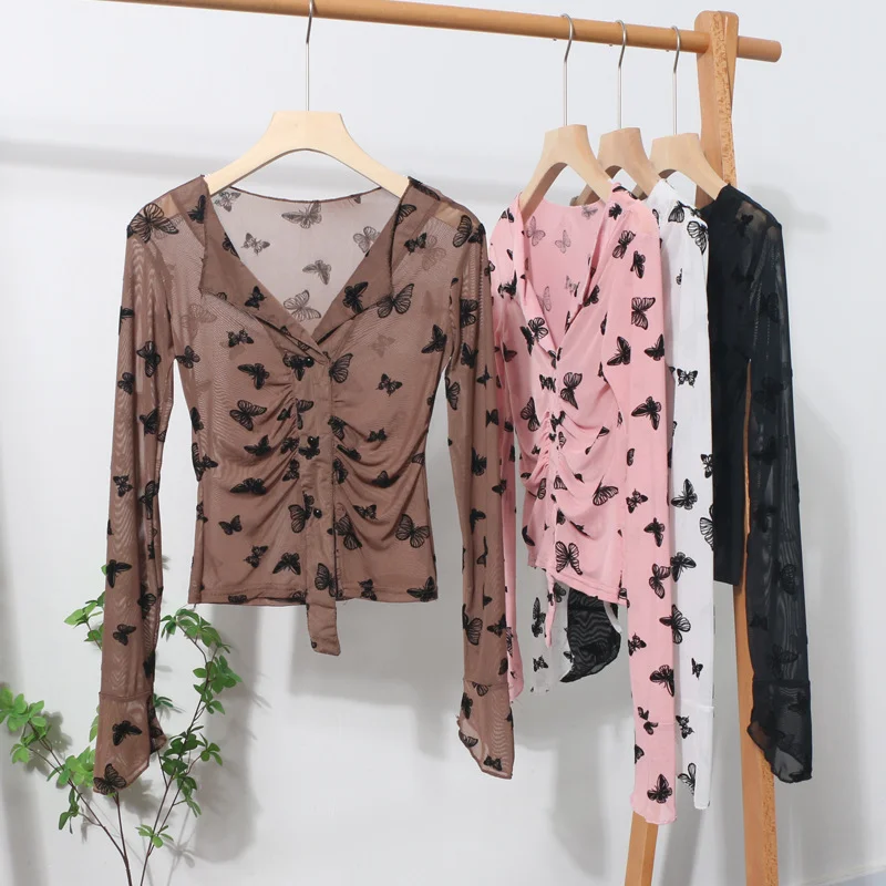 Uveng Pink V-Neck Velvet Bow Single Buckle Buckle Coat On The Head Short Long-Sleeved Mesh T-Shirt 8900