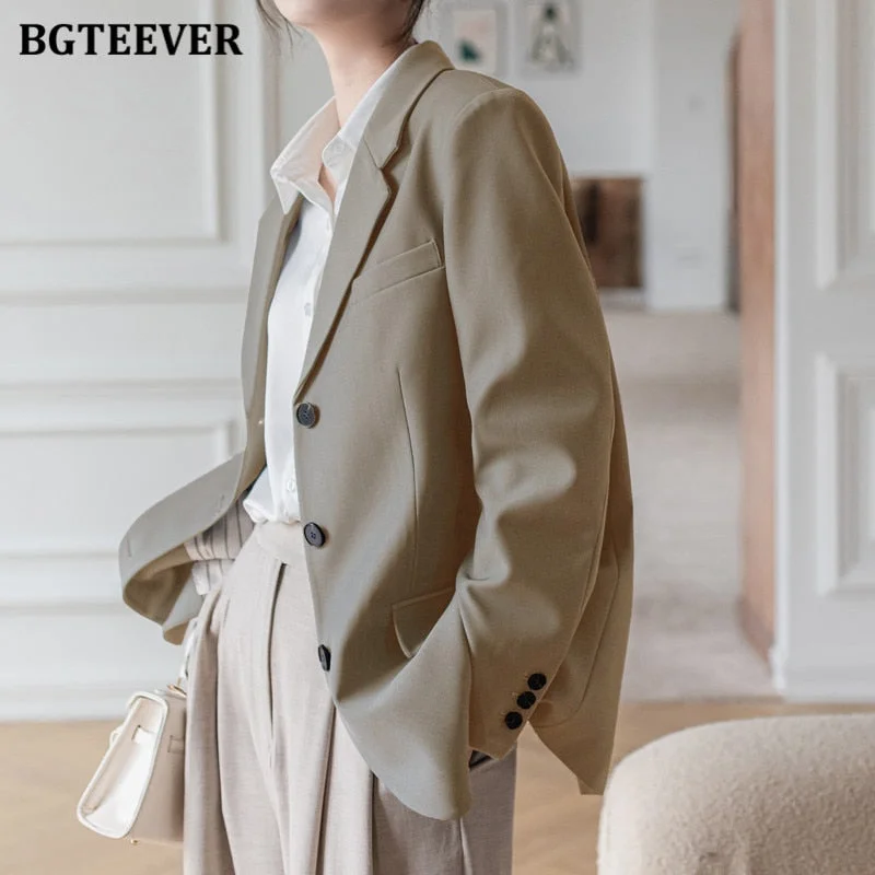 BGTEEVER Elegant Office Ladies Loose Single-breasted Blazer Women Solid Notched Collar Suit Jackets 2021 Spring Outwear Femme