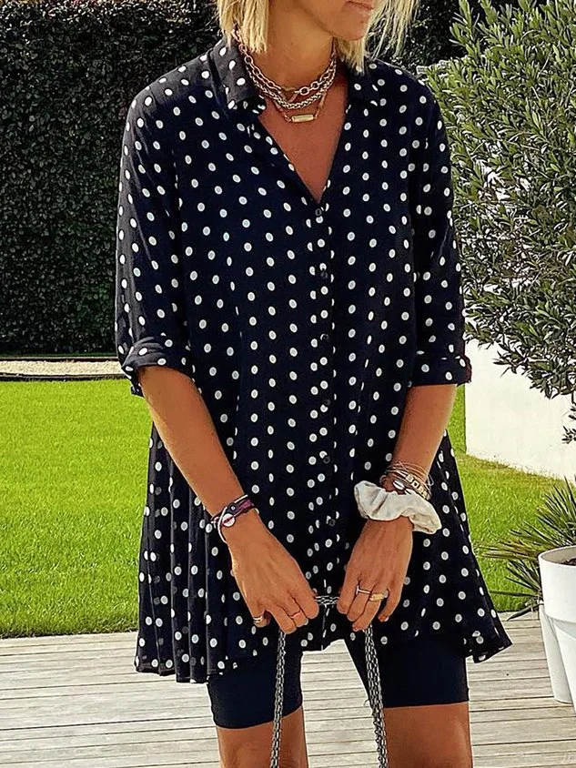 Loose Polka Dots Long Sleeve Casual Vacation Md-long Blouse