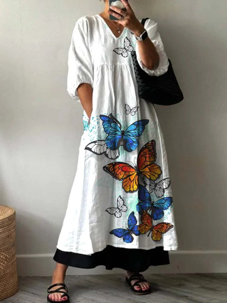 Womens Butterfly Flower Floral Pattern Cotton Dress