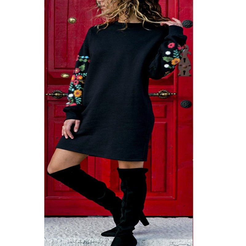 Dress Women Floral Print Long Sleeve O-Neck Loose thin Warm sexy Dresses Elegant multicolor Black mujer Autumn vestido 2019