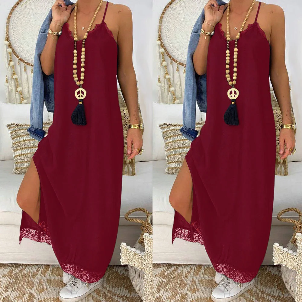 Sexy Suspender Lace Loose Slit Hem Dress Black Dresses