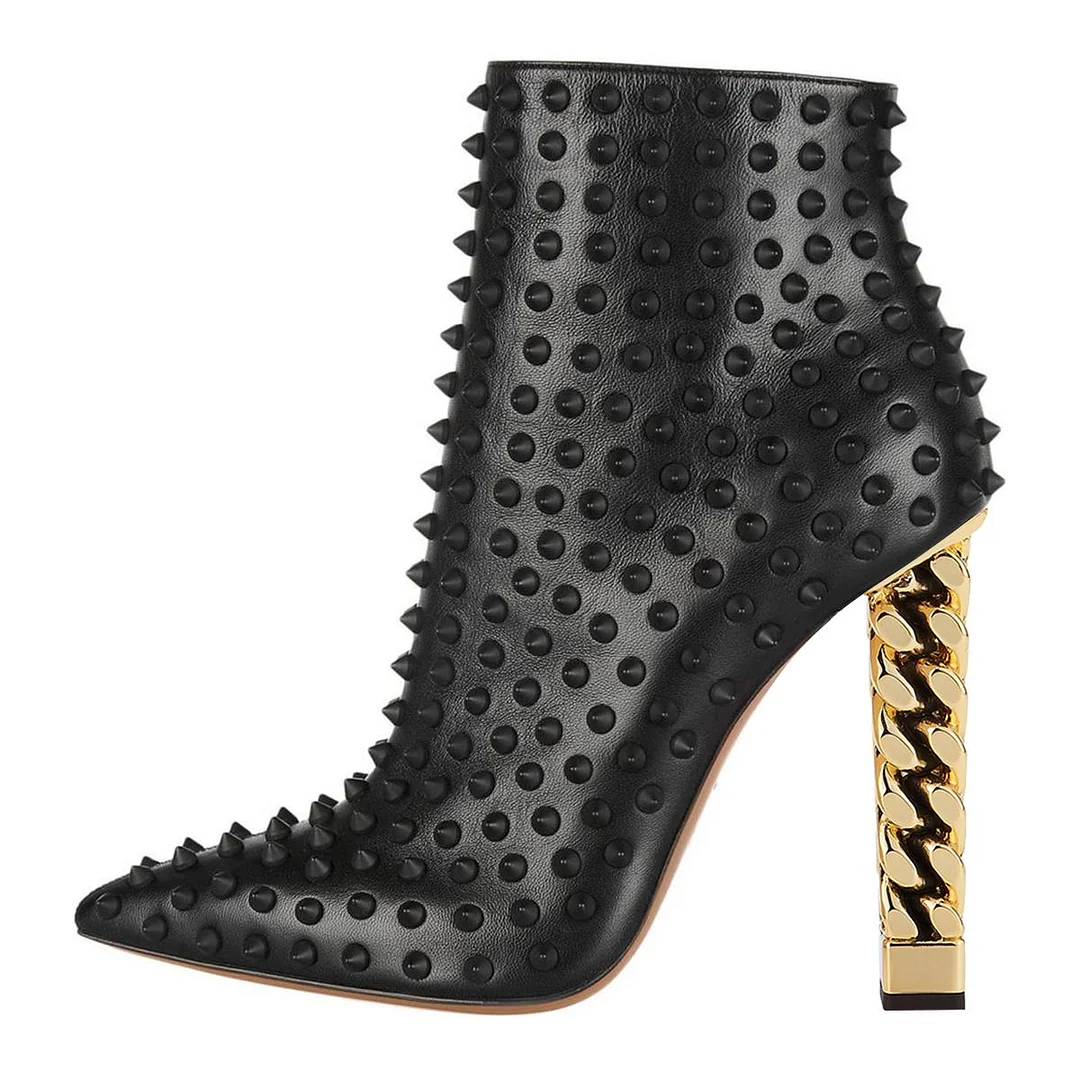 Full Black Pointed Toe Ankle Boots Studs Decors Decorative Heels Nicepairs