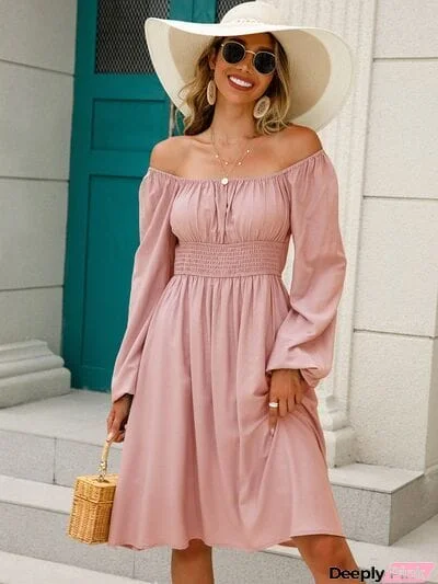 Off-Shoulder Balloon Sleeve Smocked Dress