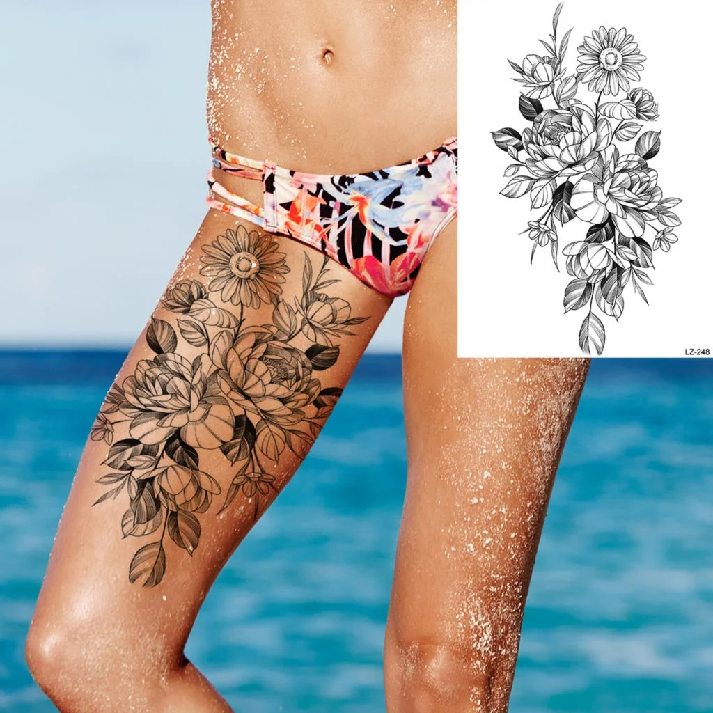 Sdrawing Rose Flower Moon Temporary Tattoos For Women Adult Pendant Peony Lotus Fake Tattoo Calf Thigh Body Art Waterproof Tatoos