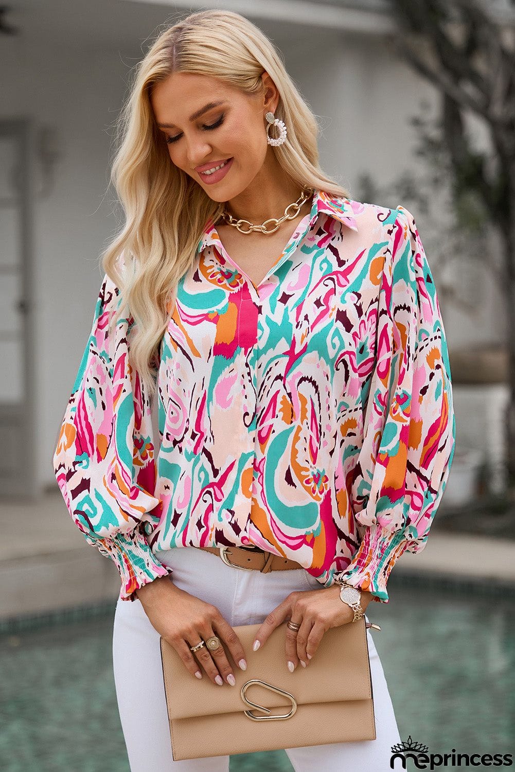 Printed Puff Sleeve Collared Blouse