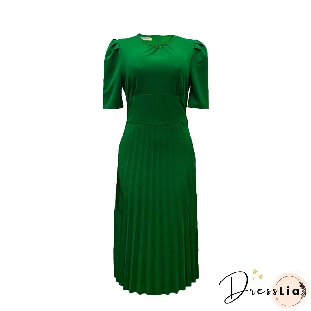 Short Sleeve Pleated Solid Color Plus Size Dress