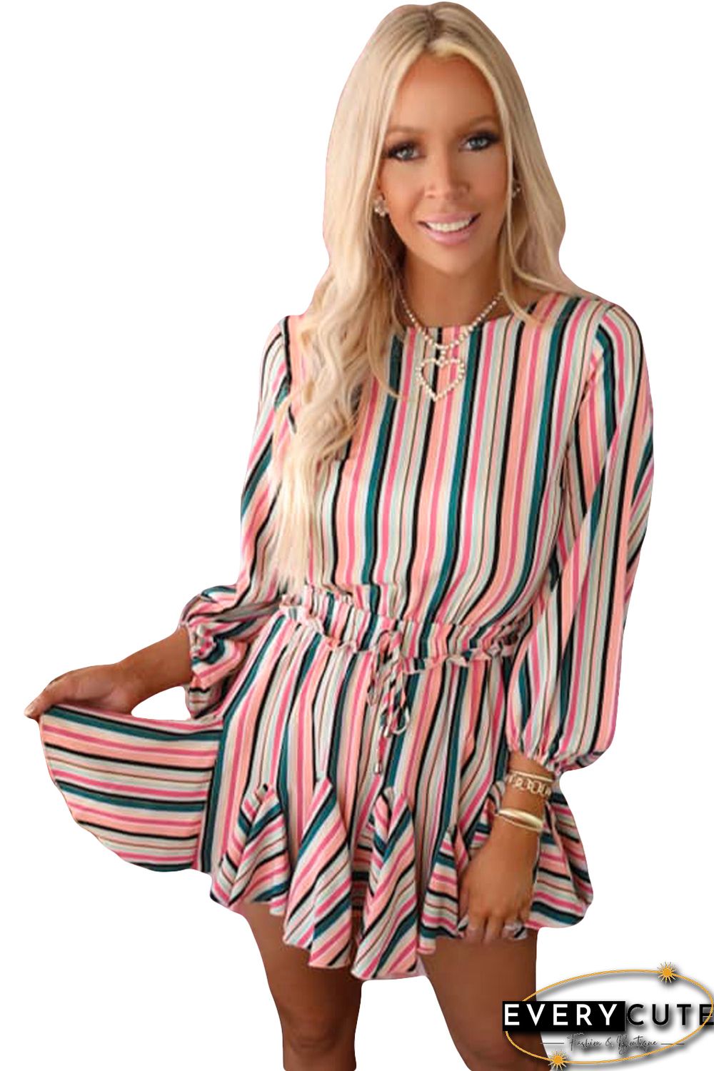 Striped Print Ruffled Lace-up High Waist Mini Dress