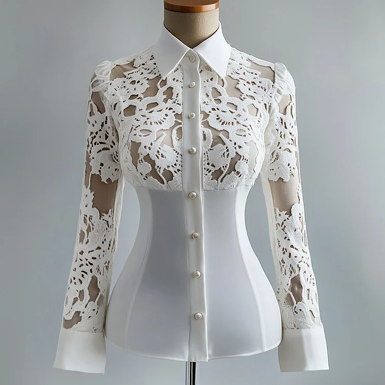 Ursime Lace See-Through Shirt Collar Long Sleeve Button Blouse