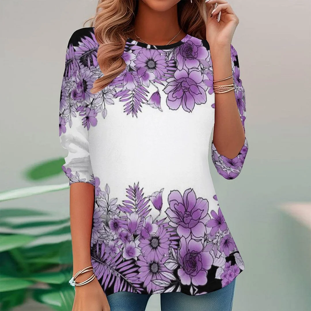 Full Printed Long Sleeve Plus Size Tunic for  Women Pattern Floral,Purple,White