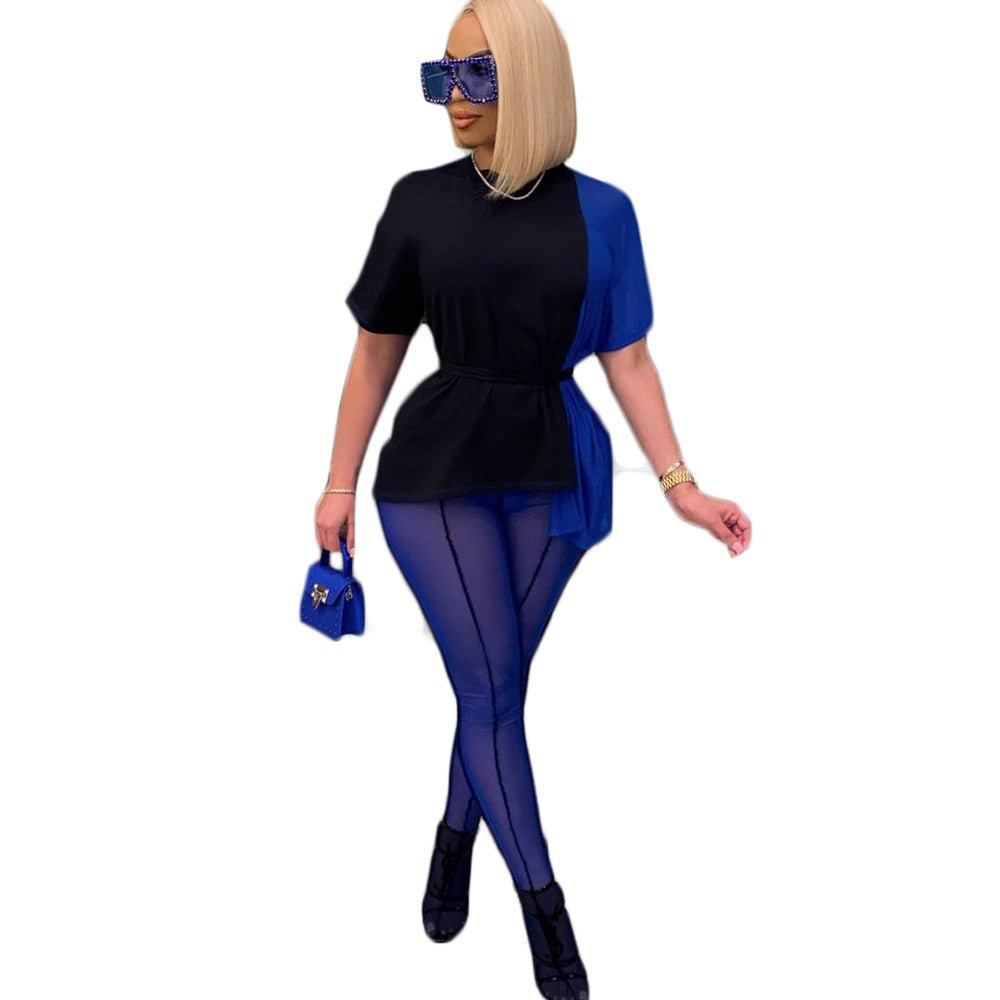 Two Piece Set Women Casual Outfits Short Sleeve Patchwork Top and Mesh Leggings Office Lady Streetwear Wholesale Dropshipping