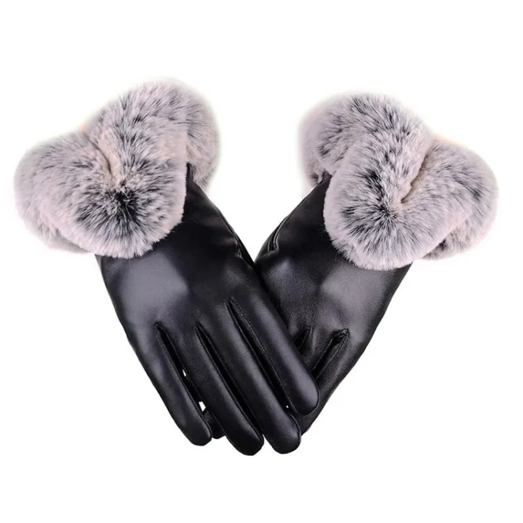 Female Faux Rabbit PU Leather Mittens Warm Gloves