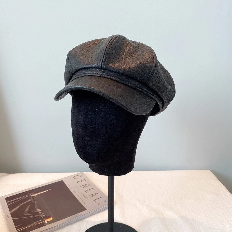 New Pu Octagonal Cap In Autumn And Winter 2020 British Retro Trend Beret Japanese Fashion Women's Leather Hat Woman Hat