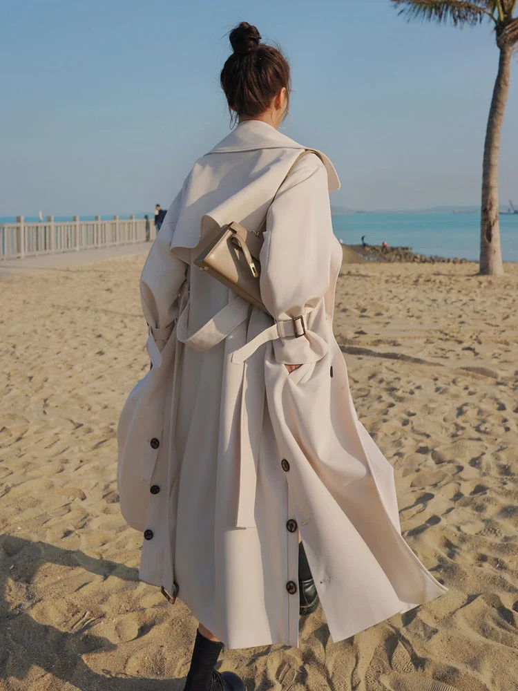 Korean Style Fashion Long Double-Breasted Women Trench Coat Beige Duster Coat for Lady Spring Autumn Female Cloak Outerwear