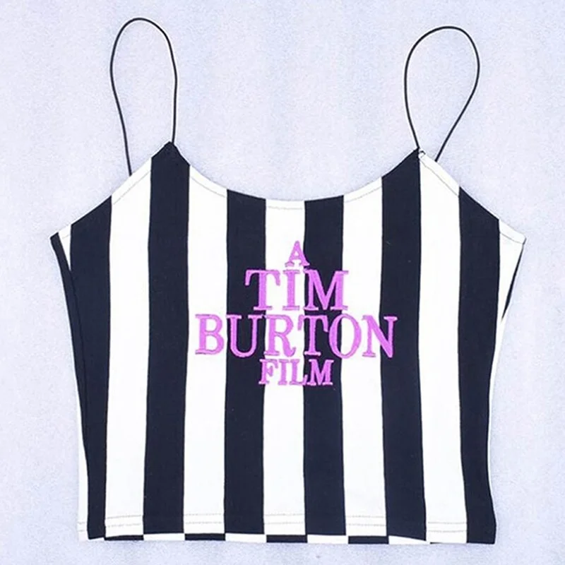 Pongl Letter Embroidery Women Sexy Crop Top 2022 Summer Sleeveless Skinny Camis Stripe Camisoles Tim Burton Woman Clothes