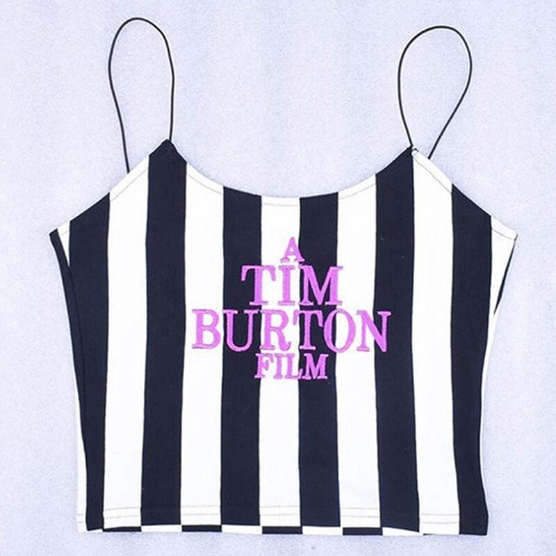 Mongw Letter Embroidery Women Sexy Crop Top 2022 Summer Sleeveless Skinny Camis Stripe Camisoles Tim Burton Woman Clothes