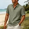 Men's Vintage Linen Casual Beach Vacation Short-Sleeve Polo Collar Shirt by Inlyline