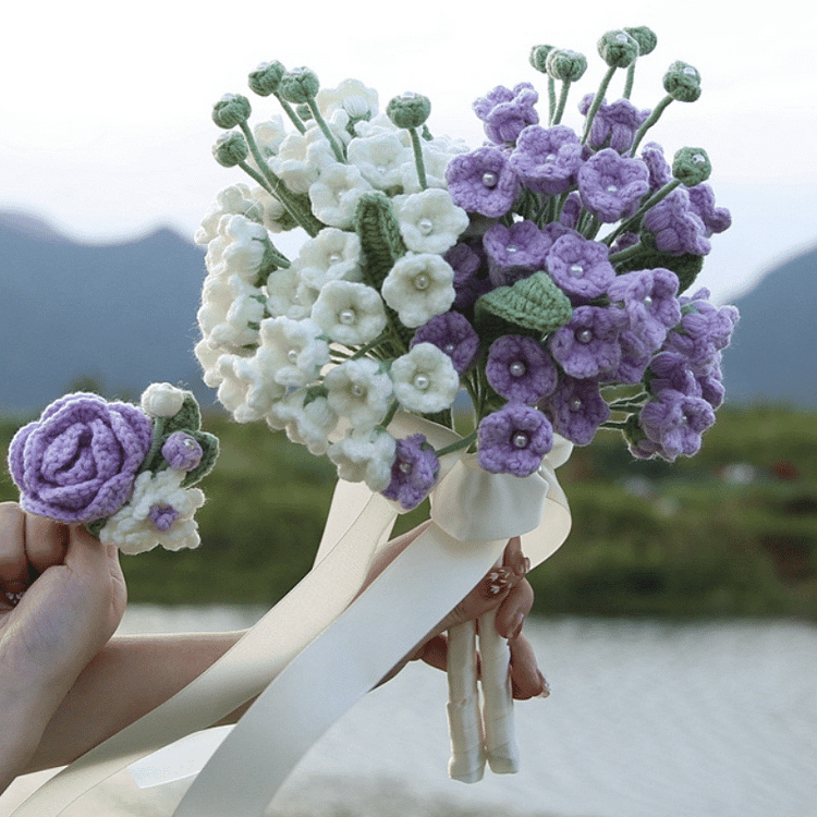 Lulusnow Handmade White Purple Pearl Lily Of The Valley Flower Bell Orchid Crochet Flower Bouquet Wedding/Forever Loving Girlfriend/Wife/Bride Gift