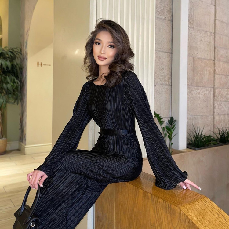 Ootddress Fashion Ruffled Lace-Up Long Dress Women Slim Long Sleeve Striped Pleated Party Dress Autumn 2025 Solid Gown Female Dress