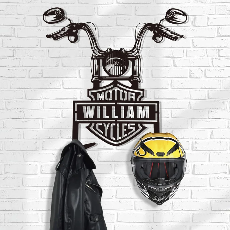 Custom Metal Motorcycle Helmet Holder Wall Mount, Custom Name Helmet Display Organizer with Hooks, Helmet Rack Wall Mount Storing for Motorcycle Accessories and Clothes