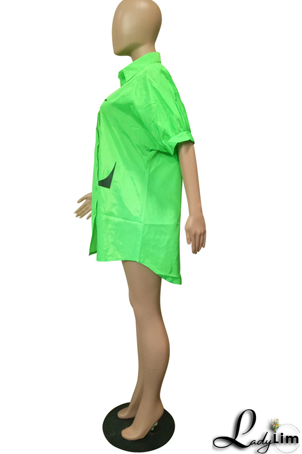 Green Fashion Print Patchwork Turndown Collar Tops