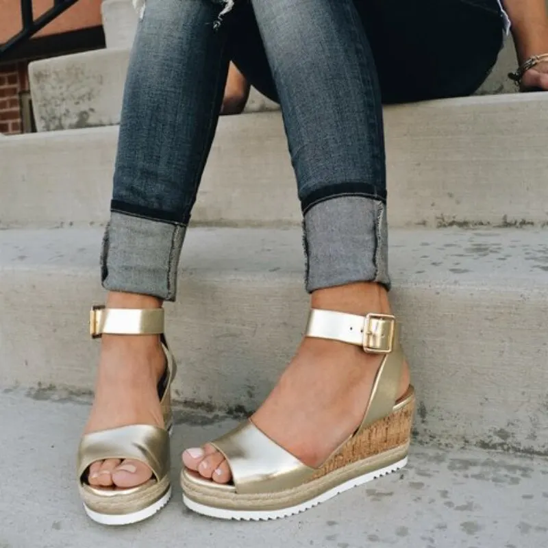 Qengg New Women's Sandals Fish Mouth Buckle Solid Color Wedge Flats Thick Sole Comfortable Casual Beach Shoes Plus Size Sandalia Nuvem
