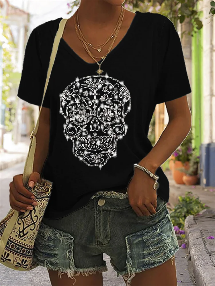 Vefave Day Of The Dead Glitter Sugar Skull T Shirt