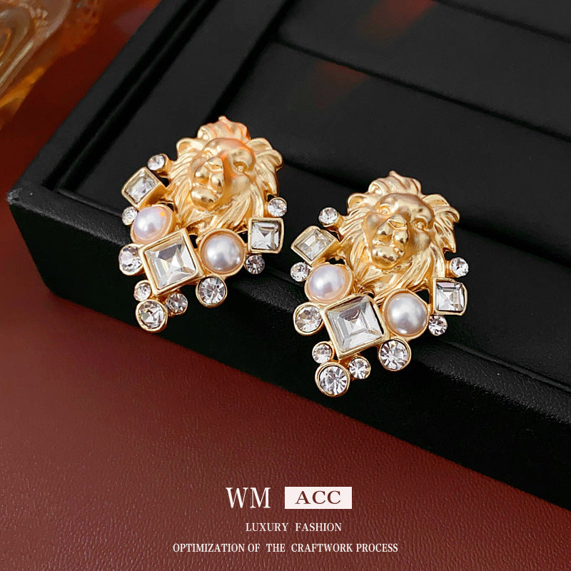 Luxurious Zodiac Sign Rhombus Geometric Chinese Zodiac Animal Artificial Pearl Diamond Inlay Earrings