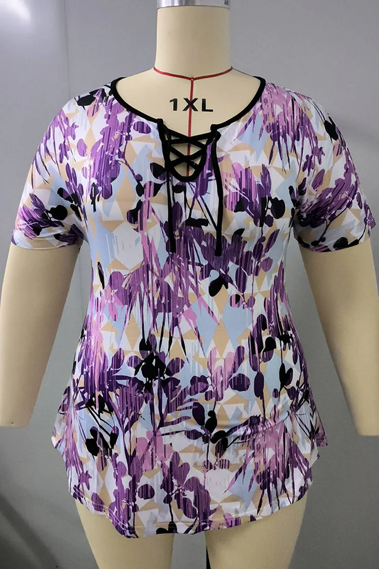 Plus Size Lace Up Short Sleeve Casual Blouses  Flycurvy [product_label]