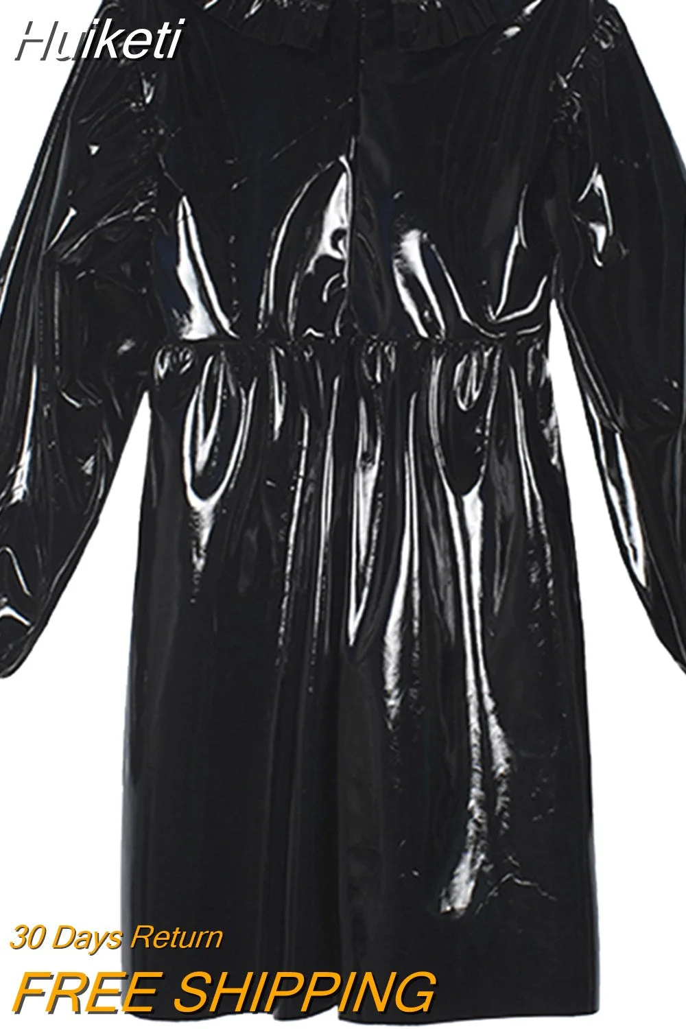 Huiketi Reflective patent leather dress women long sleeve ruffle collar elastic waist Knee length pvc dresses for women 2023 xxl