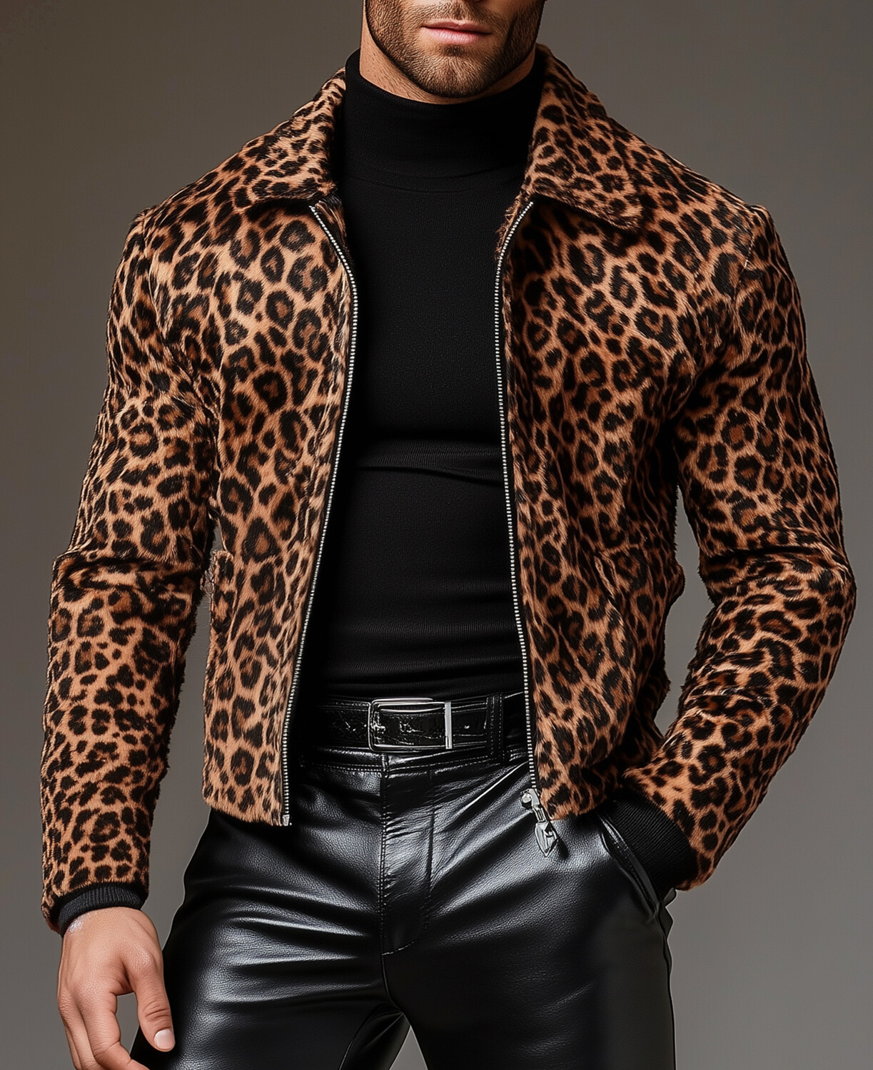 Okaywear Suede Leopard Pattern Turndown Collar Zip Up Jacket