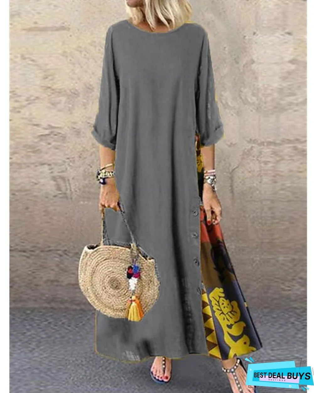 Women's Swing Dress Maxi Long Dress - 3/4 Length Sleeve Print Spring & Summer Hot Casual Holiday Vacation Dresses Loose Red Yellow Wine Army Green Navy Blue Gray L