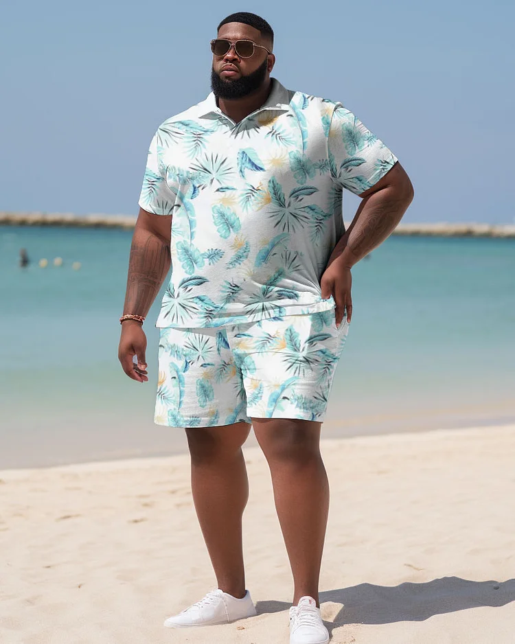 Men's Plus Size Beach Hawaii Color Block Shirt Shorts Two Piece Set