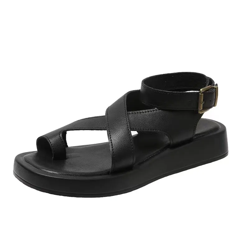 Breakj Breakj Women 2025 New Large-Size Coated Toe Polyurethane Deep Base Leisure Outside The Roman Wind Wearing Ring Buckle With Women's Sandals