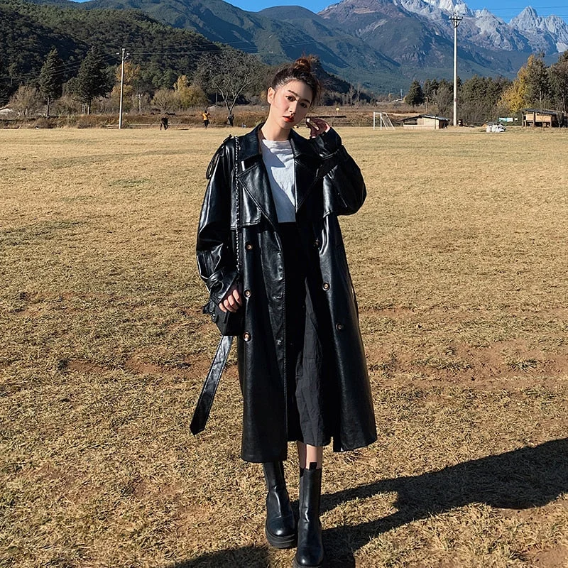 Brand New Fashion Oversize Black PU Leather Trench Coat for Lady Double-Breasted Long with Belt Women Duster Coat Spring Autumn