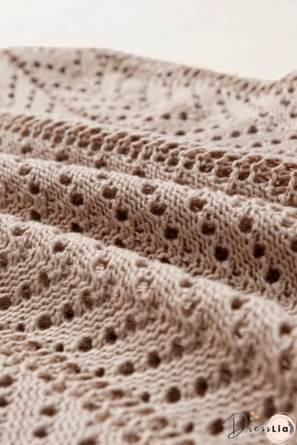 Pale Khaki Scalloped Hem V Neck Crochet Knit Vest