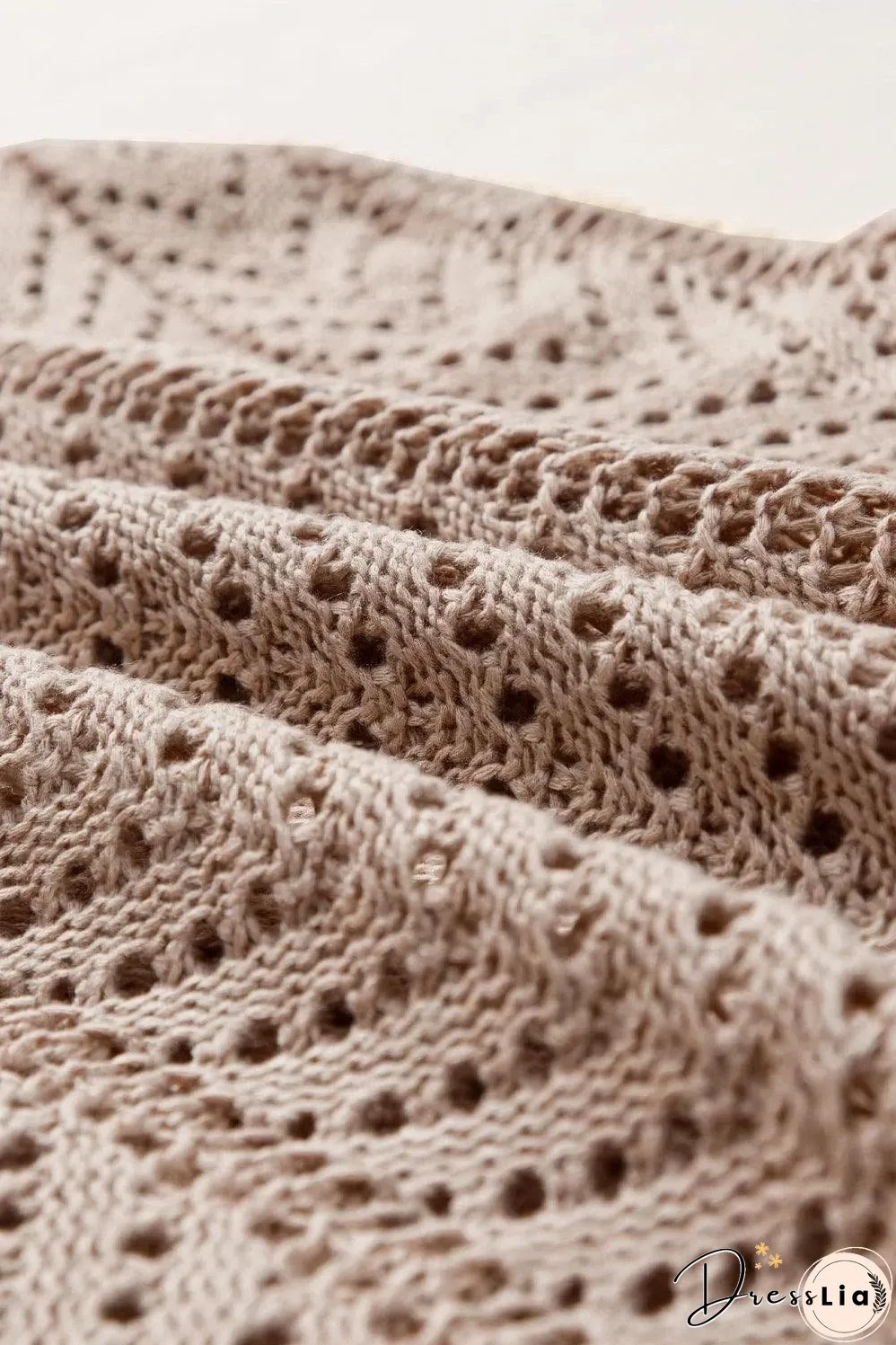 Pale Khaki Scalloped Hem V Neck Crochet Knit Vest