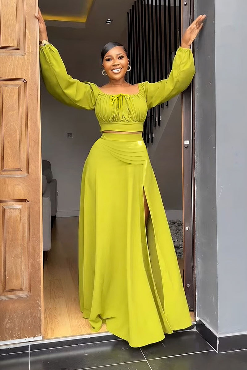 Crew Neck Flares Sleeve Crop Top Slit Midi Skirt Suits main image 1