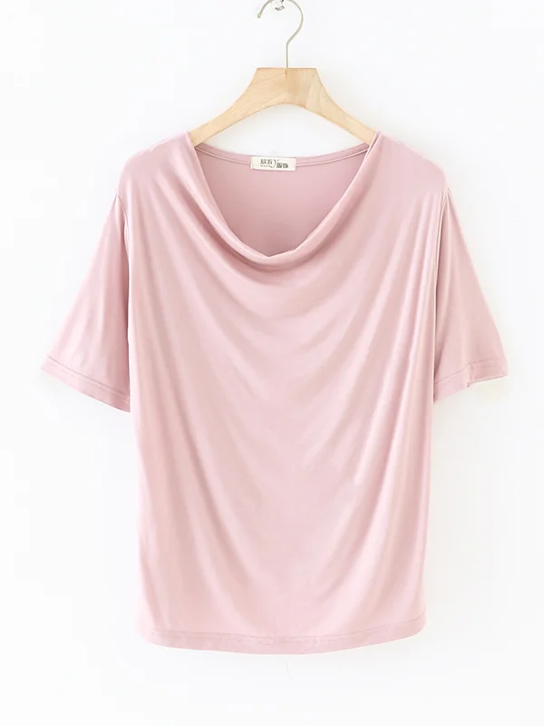 Short Sleeves Pleated Solid Color Heaps Collar T-Shirts Tops