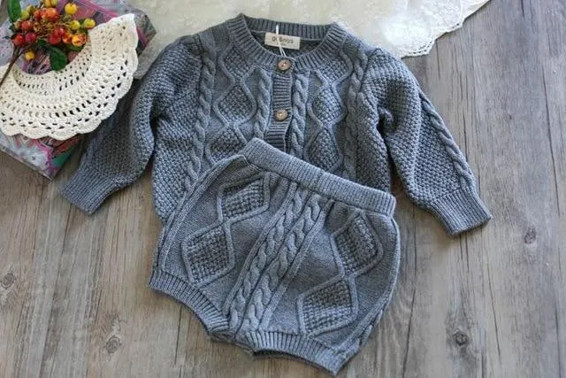 2019 Autumn Pink Knitted Suits Baby Kids Clothes Sets Sweater Girls Sets Ruffles Long Sleeve Sweater+PP Short 2Pcs Kids Suits