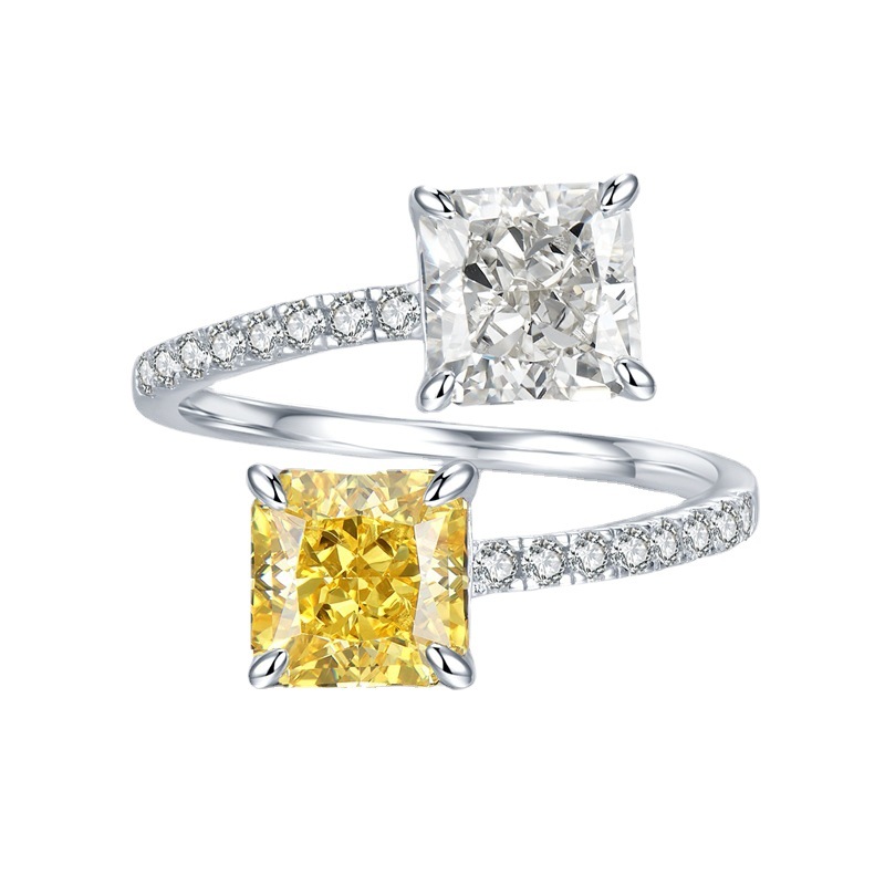 MIKAMU Jewelry S925 Silver Ring with 7*7 Yellow and White Dual Diamonds - Fashionable and Minimalist Open Design for Women