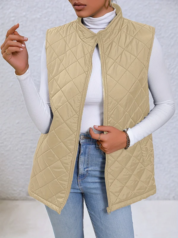 Women's stand collar zippered quilted pocket vest jacket Flusfy