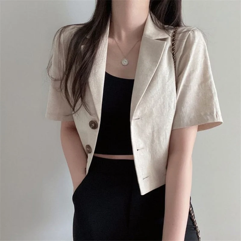 Uforever21  Korean Pure Color Short Sleeve Cotton Linen Suit Blazer Female 2023 Summer New Temperament Short Jacket Office Ladies