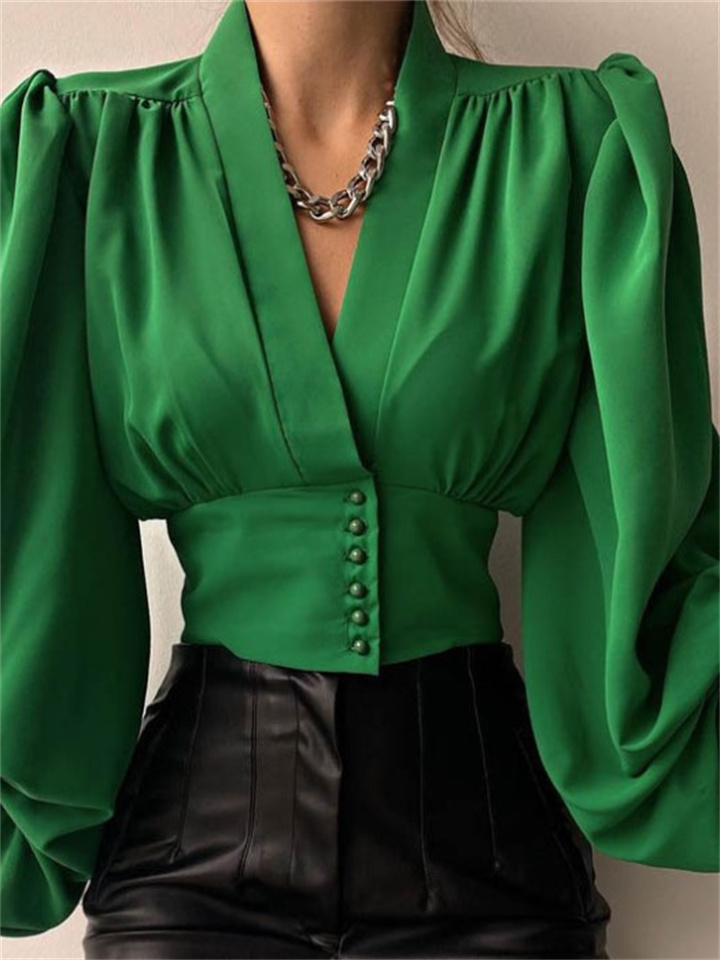 Spring New Solid Color Slim Temperament Long-sleeved Button V Collar Urban Trend Set Head Lantern Sleeve Blouse Shirt