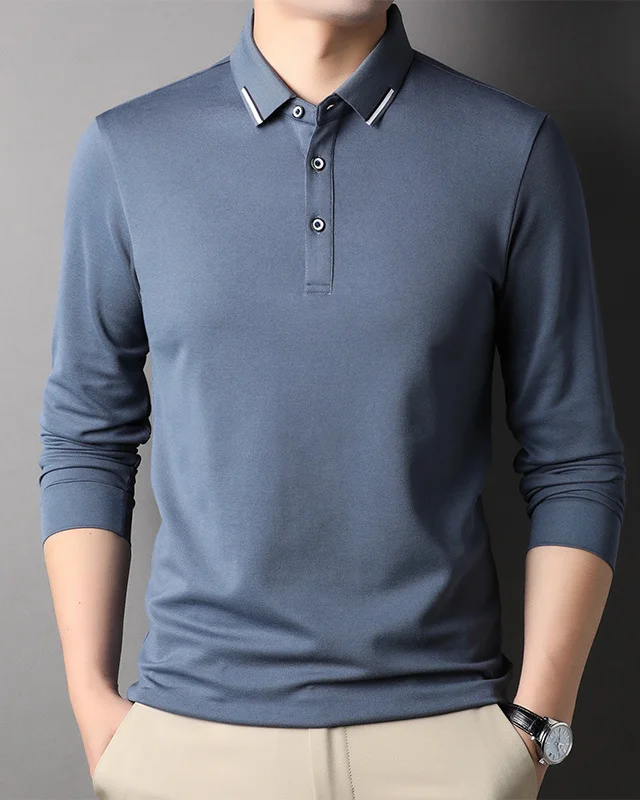 Men's gray blue lapel long sleeve polo shirt