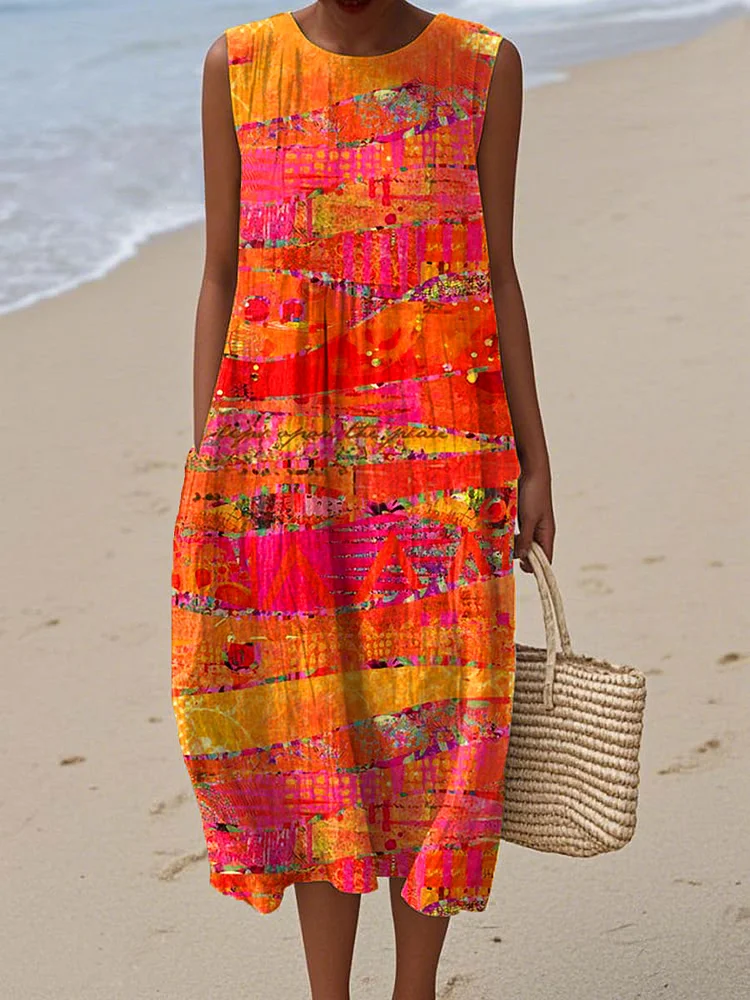 Women's Vintage Abstract Geometry  Art Print Sleeveless Cotton Pocket Wrap Dress