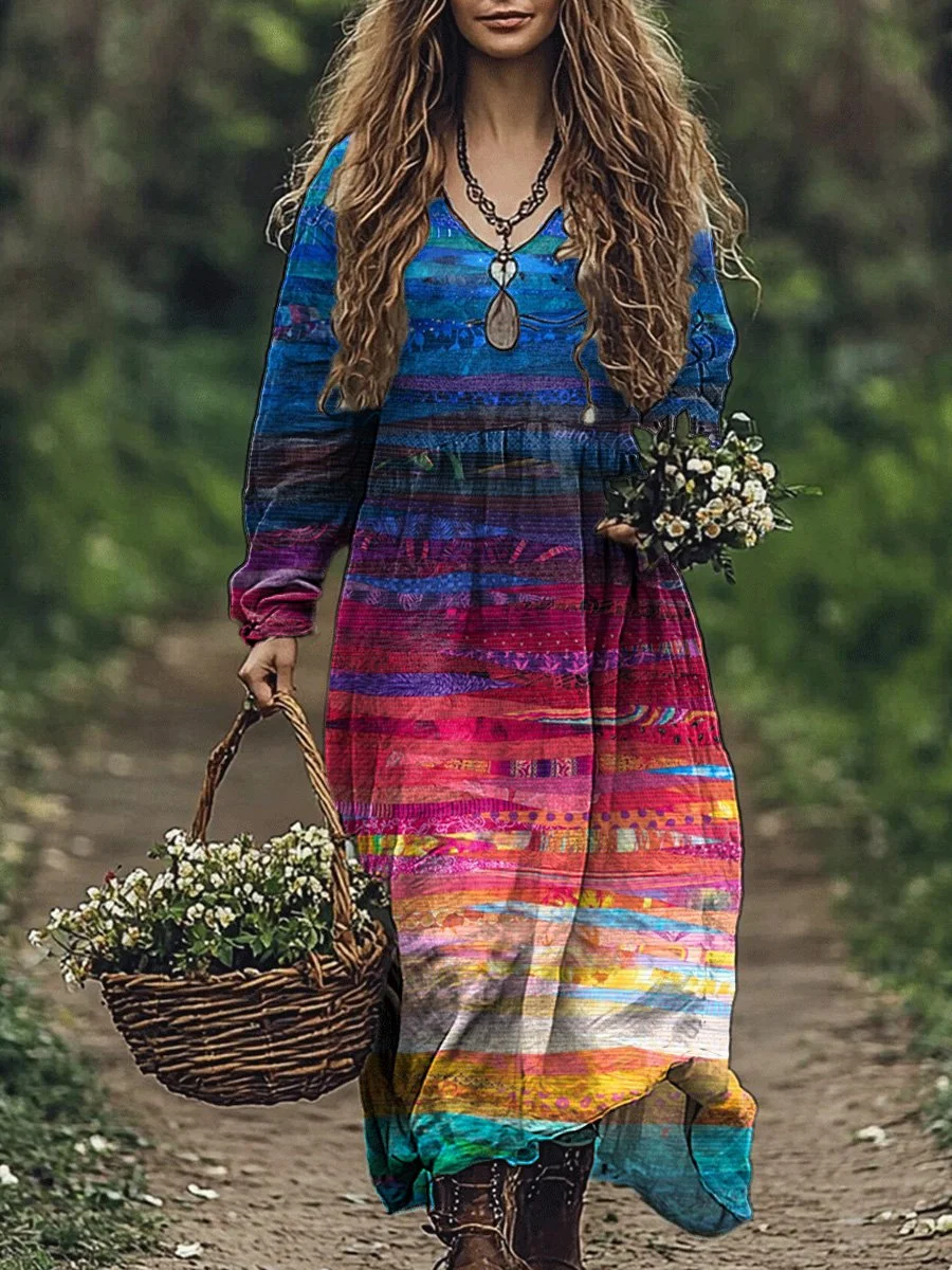 Hippie Style Abstract Quilt Art Printed Women's Pocket Cotton Dress