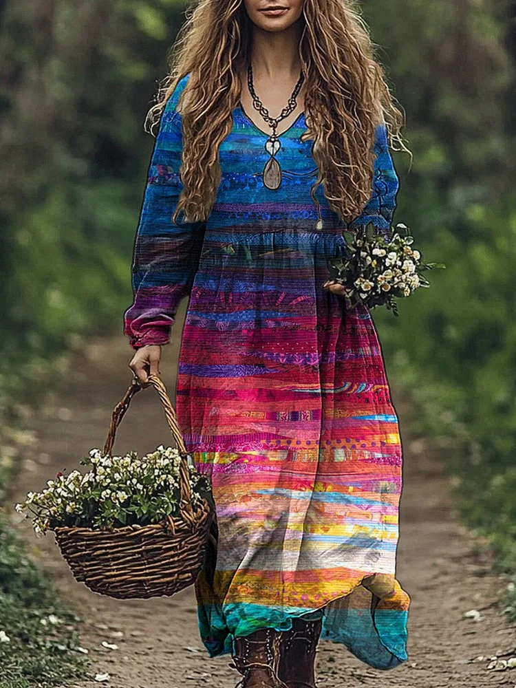 Hippie Style Abstract Quilt Art Printed Women's Pocket Cotton Dress